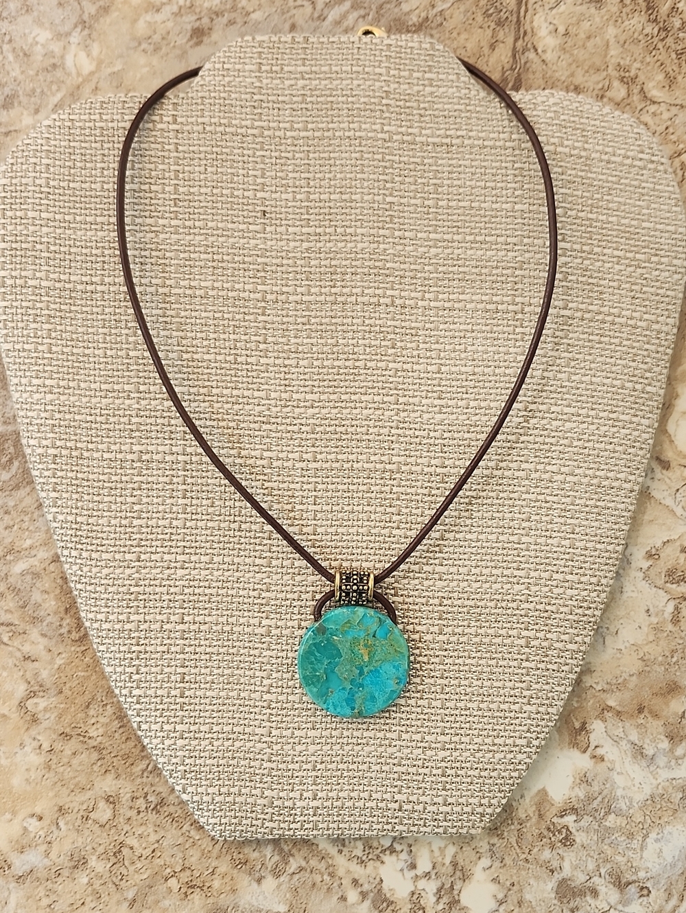 VTG BARSE TURQUOISE-BRONZE-LEATHER NECKLACE